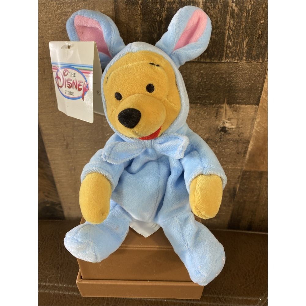 VTG 1999 Disney Store Mini Bean Bag WINNIE THE POOH Blue Easter Bunny Plush NWT